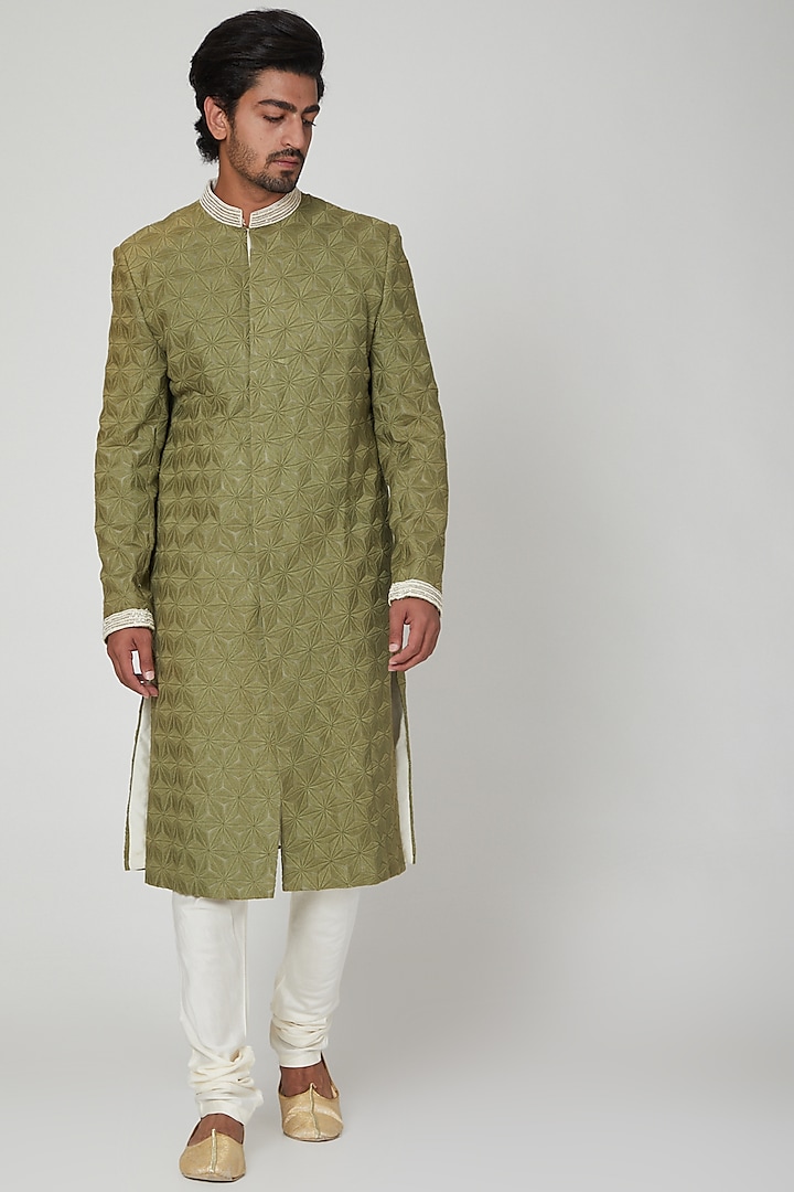 Olive Green Sherwani With Pants by Adah Men