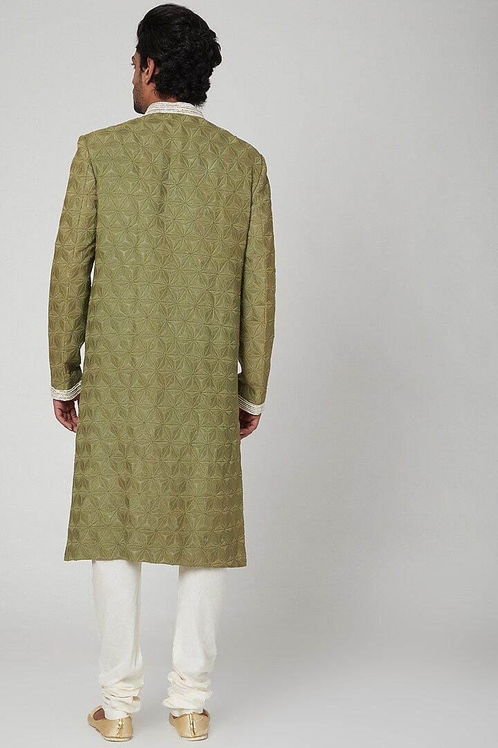 Olive Green Wedding Sherwani With Pants by Adah Men at Pernia's Pop Up Shop