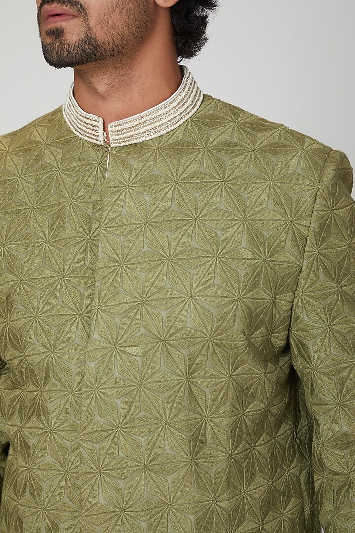Olive Green Wedding Sherwani With Pants by Adah Men at Pernia's Pop Up Shop