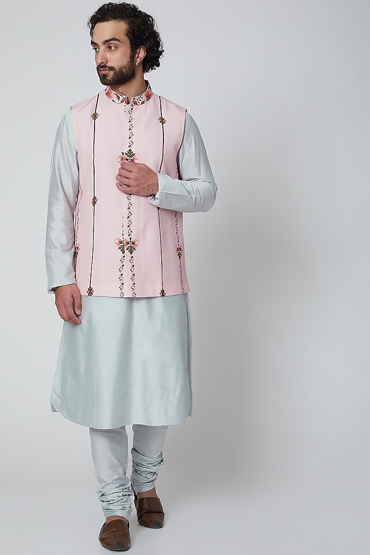 Grey & Light Pink Printed Kurta Set With Jacket by Adah Men