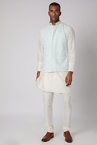 Sky Blue Embroidered Bundi Jacket With Kurta Set by Adah Men