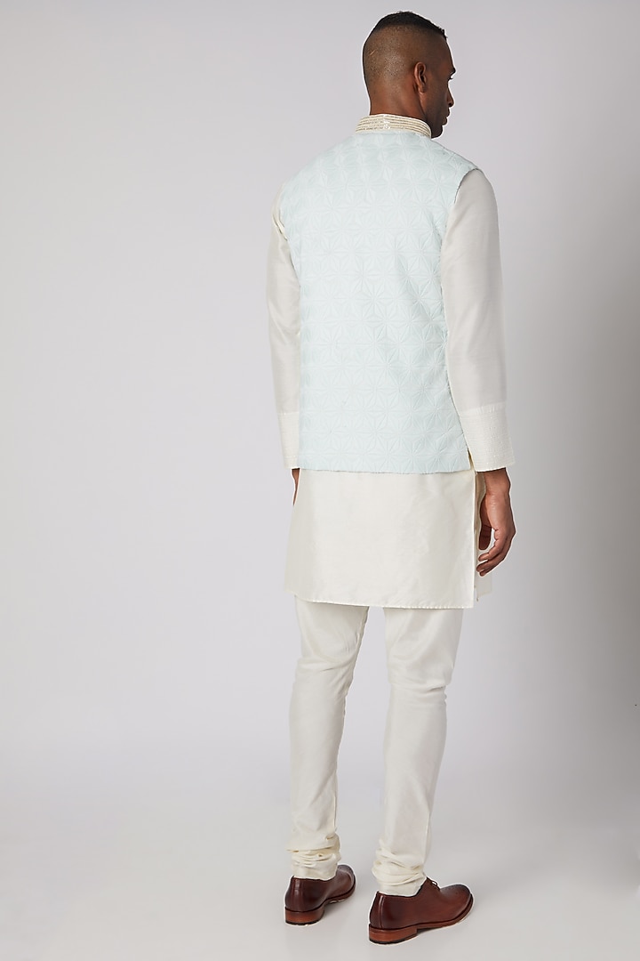 Sky Blue Embroidered Bundi Jacket With Kurta Set by Adah Men at Pernia's Pop Up Shop