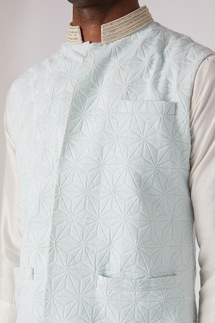 Sky Blue Embroidered Bundi Jacket With Kurta Set by Adah Men at Pernia's Pop Up Shop