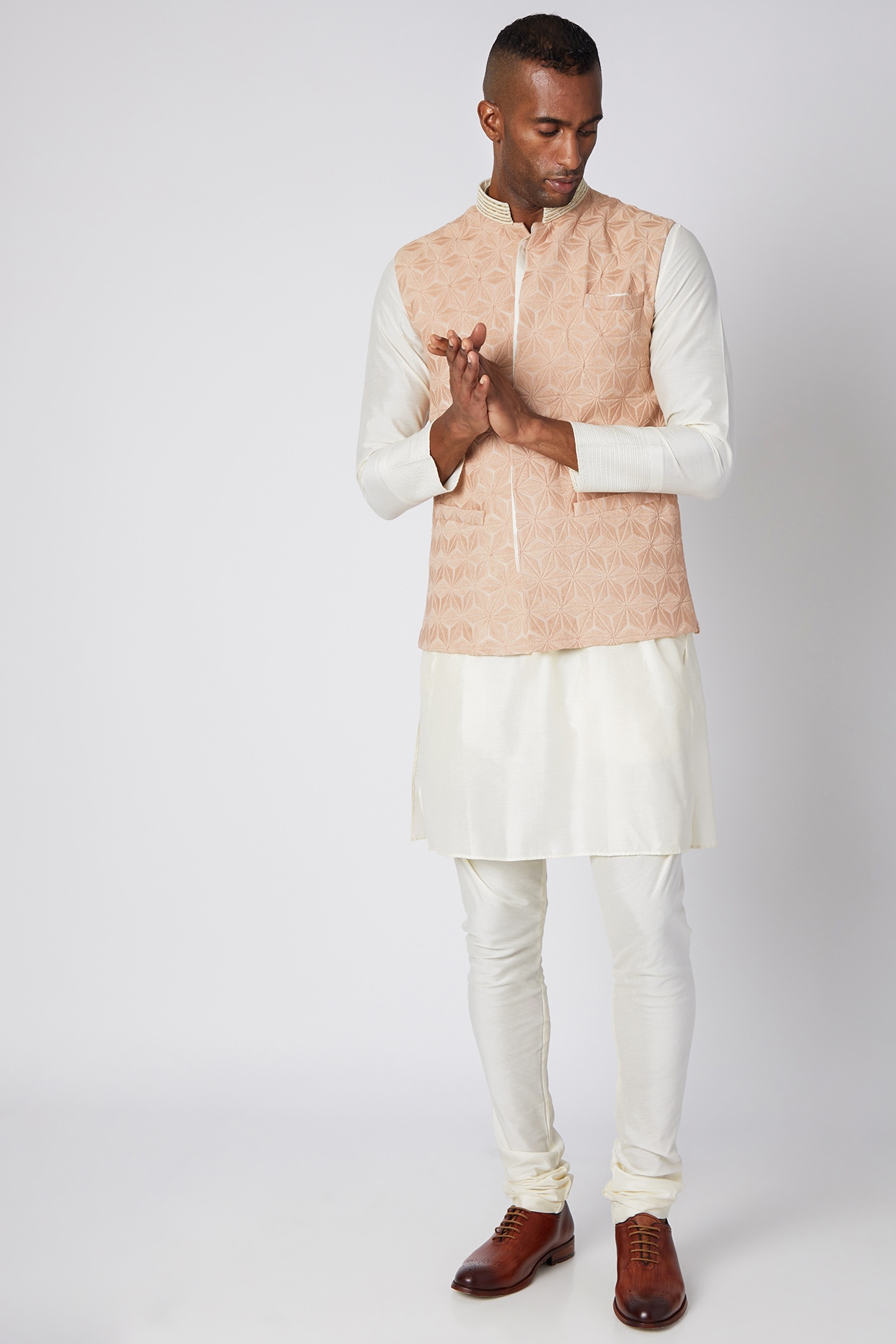 Nude Embroidered Bundi Jacket With 