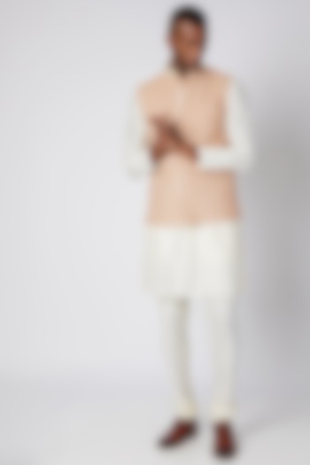 Nude Embroidered Bundi Jacket With Kurta Set by Adah Men