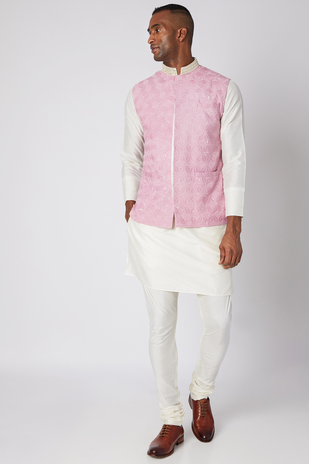 Lilac Embroidered Bundi Jacket With Kurta Set by Adah Men