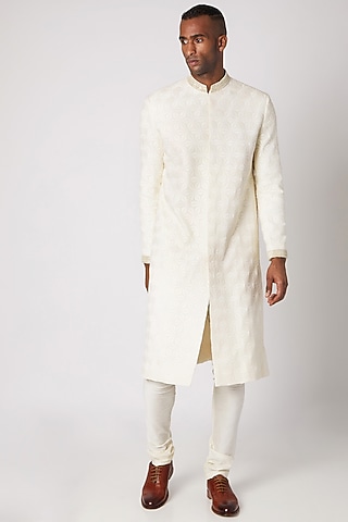 Cream Embroidered Sherwani Set by Adah Men