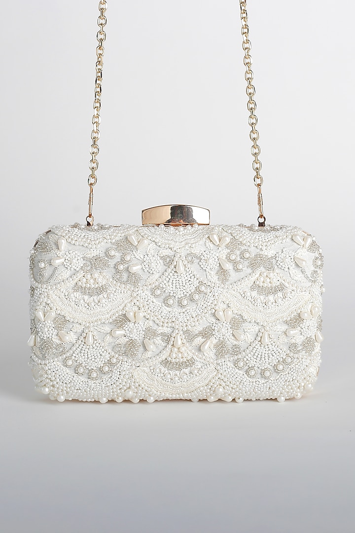 White Beaded Clutch With Chain by Adora By Ankita at Pernia's Pop Up Shop