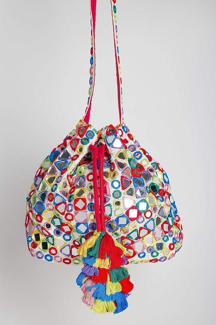 Multi-Colored Mirror Embroidered Potli by Adora By Ankita