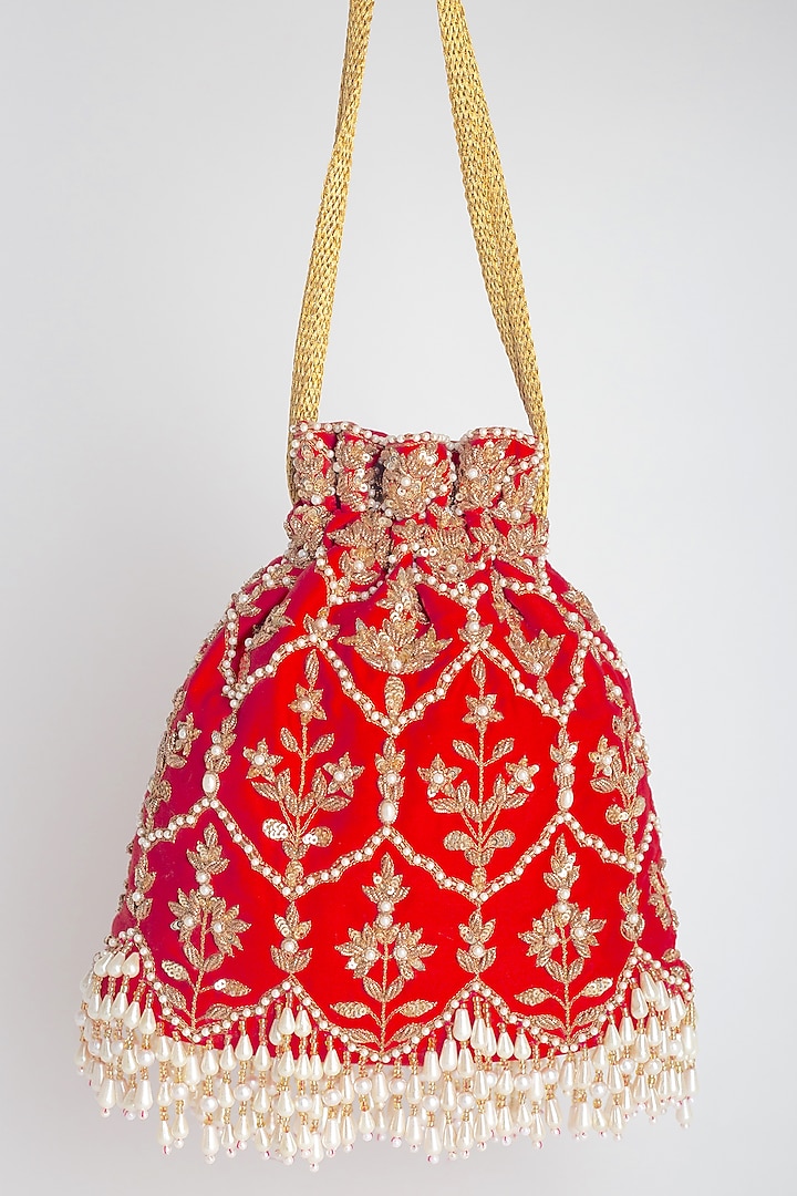 Red Embellished Potli by Adora By Ankita