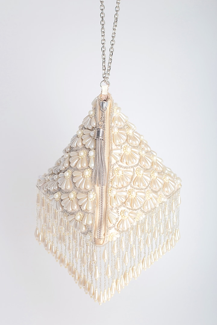 White Embellished Pyramid Potli With Chain by Adora By Ankita at Pernia's Pop Up Shop