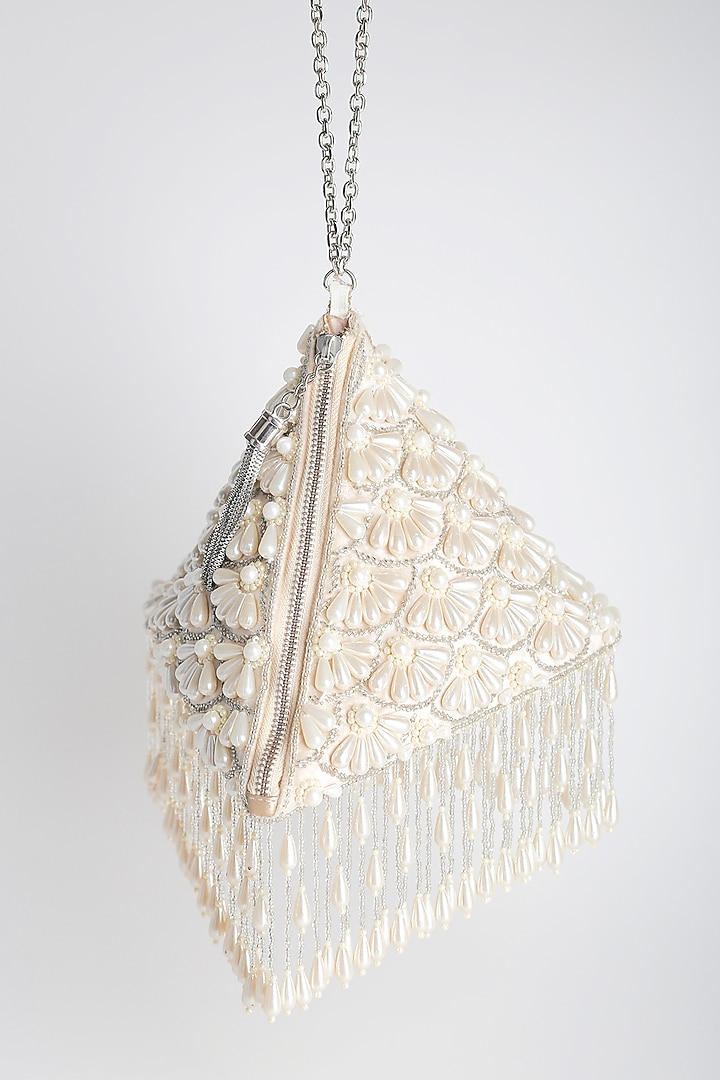 White Embellished Pyramid Potli With Chain by Adora By Ankita at Pernia's Pop Up Shop