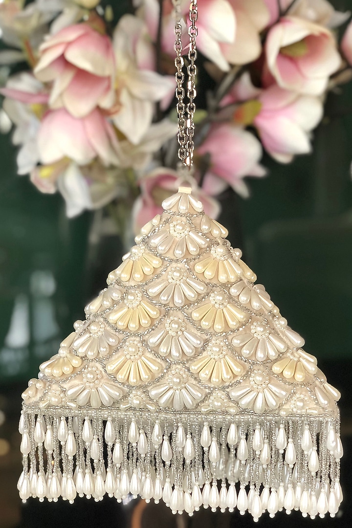 White Embellished Pyramid Potli With Chain by Adora By Ankita at Pernia's Pop Up Shop