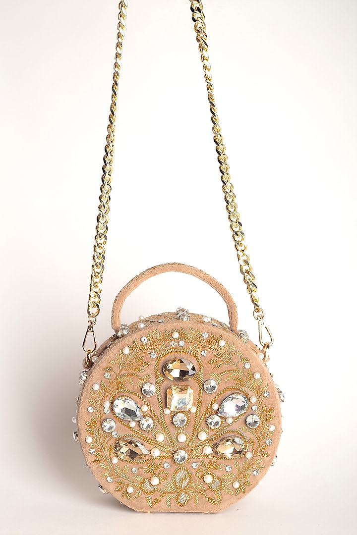 Gold Sequins Embellished Box Clutch With Chain Handle by Adora By Ankita