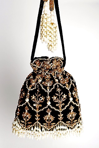 Black Zardosi Embellished Potli by Adora By Ankita