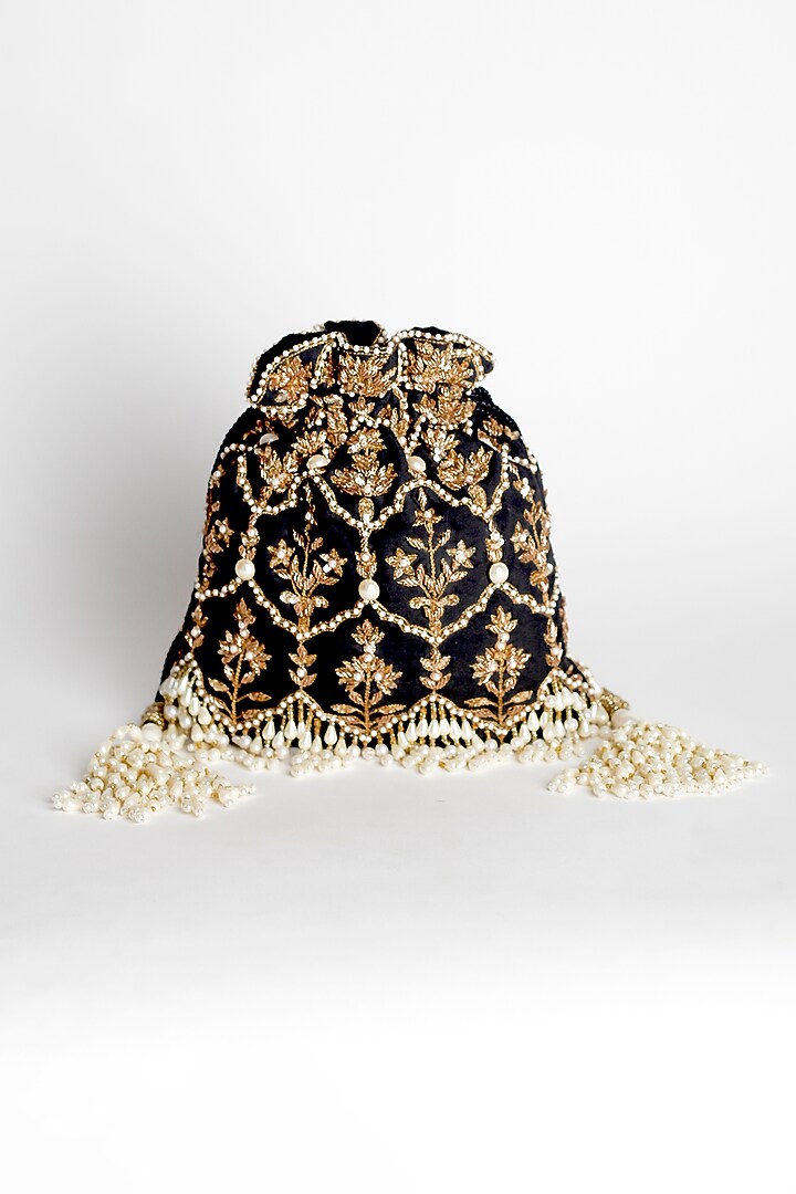 Black Zardosi Embellished Potli by Adora By Ankita at Pernia's Pop Up Shop