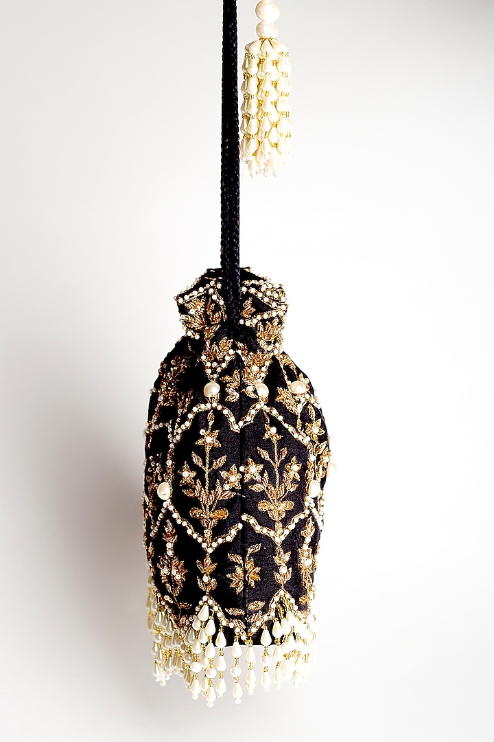 Black Zardosi Embellished Potli by Adora By Ankita at Pernia's Pop Up Shop
