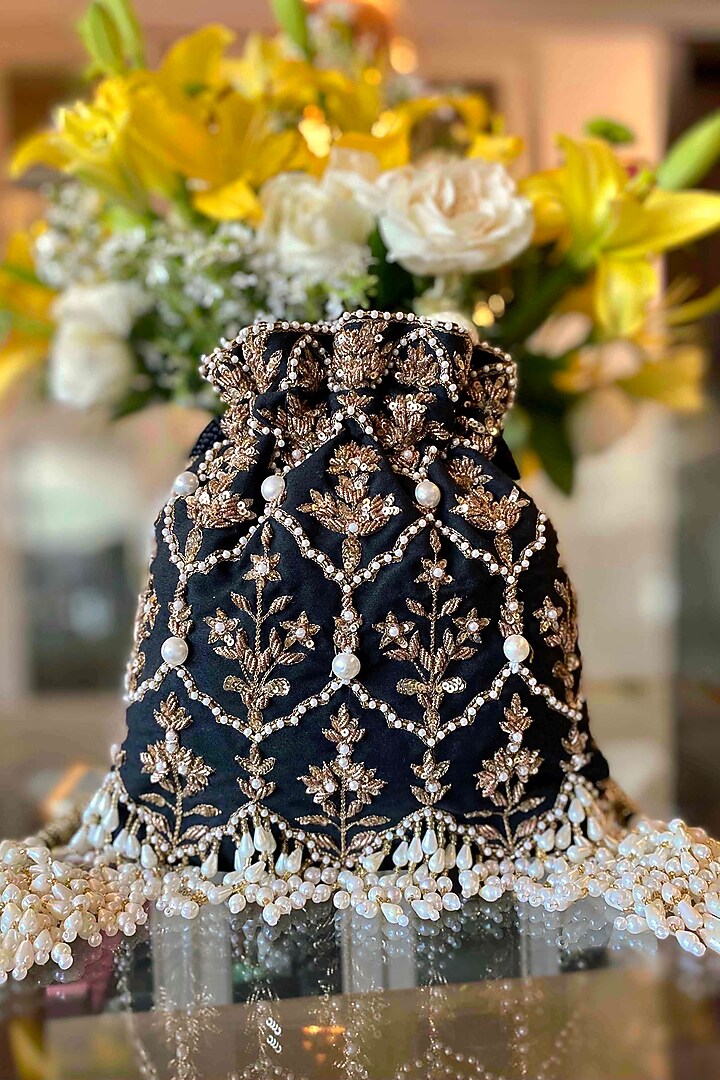 Black Zardosi Embellished Potli by Adora By Ankita at Pernia's Pop Up Shop