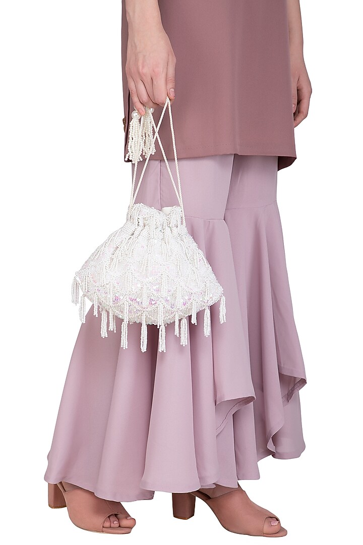 Cream Embroidered Flapper Potli Bag by Adora by Ankita at Pernia's Pop Up Shop