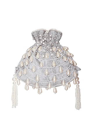 Light Grey Embroidered Teardrop Potli Bag by Adora by Ankita