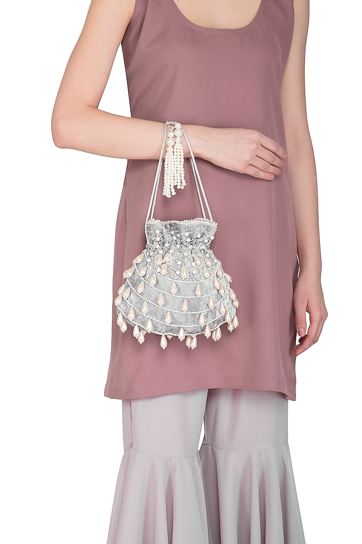 Light Grey Embroidered Teardrop Potli Bag by Adora by Ankita at Pernia's Pop Up Shop