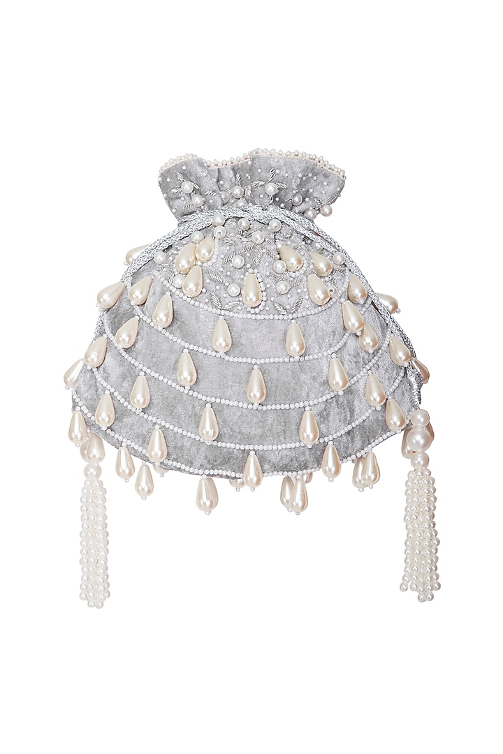 Light Grey Embroidered Teardrop Potli Bag by Adora by Ankita at Pernia's Pop Up Shop