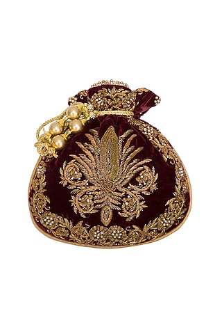 Maroon Embroidered Motif Potli Bag by Adora by Ankita