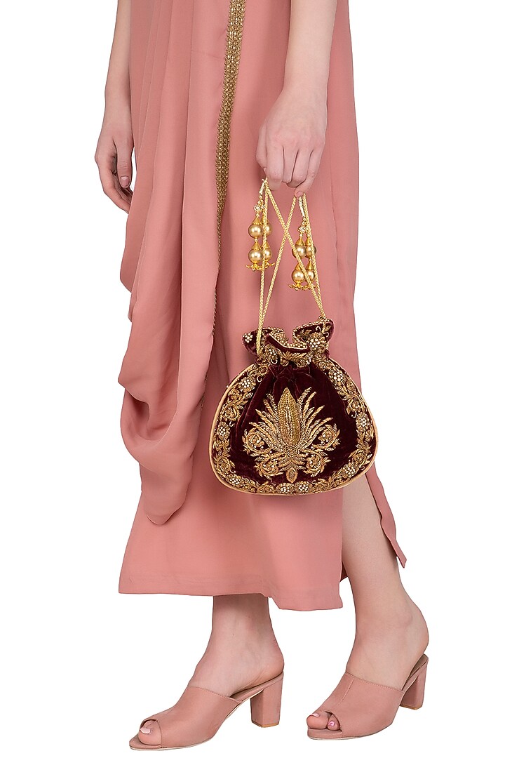 Maroon Embroidered Motif Potli Bag by Adora by Ankita at Pernia's Pop Up Shop