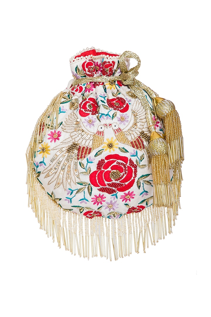 Cream Embroidered Phoenix Flapper Potli Bag by Adora by Ankita