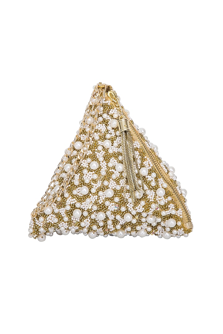Gold Embroidered Pyramid Wristlet Potli Bag by Adora by Ankita