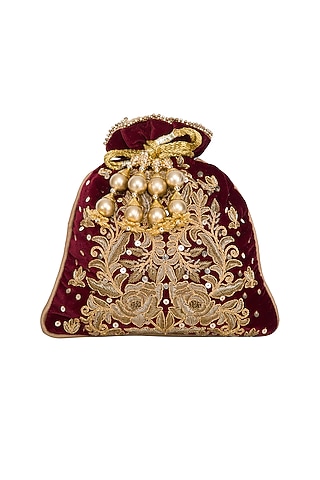 Maroon Embroidered Velvet Potli Bag by Adora by Ankita