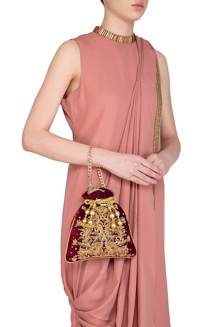 Maroon Embroidered Velvet Potli Bag by Adora by Ankita at Pernia's Pop Up Shop