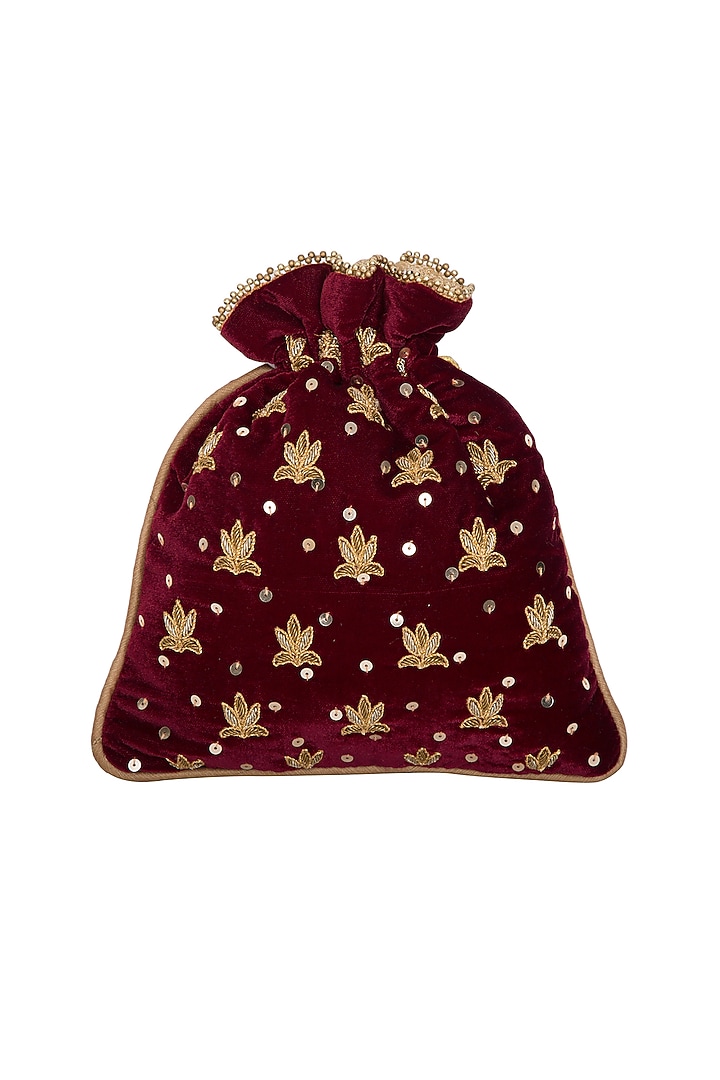 Maroon Embroidered Velvet Potli Bag by Adora by Ankita at Pernia's Pop Up Shop