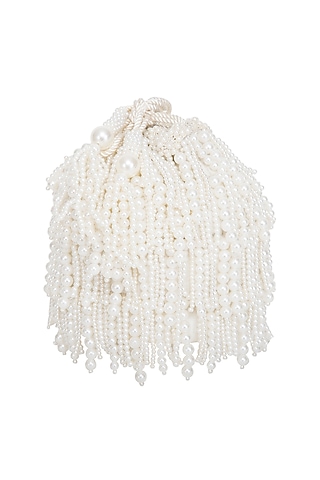 Cream Embroidered Pearl Potli Bag by Adora by Ankita