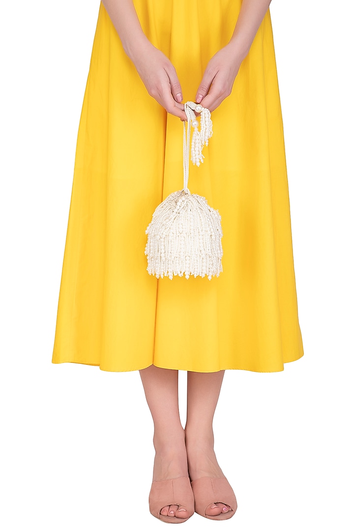 Cream Embroidered Pearl Potli Bag by Adora by Ankita at Pernia's Pop Up Shop