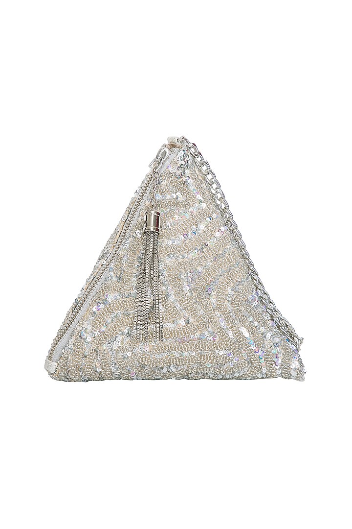 Silver Embroidered Chevron Pyramid Wristlet Potli Bag by Adora by Ankita