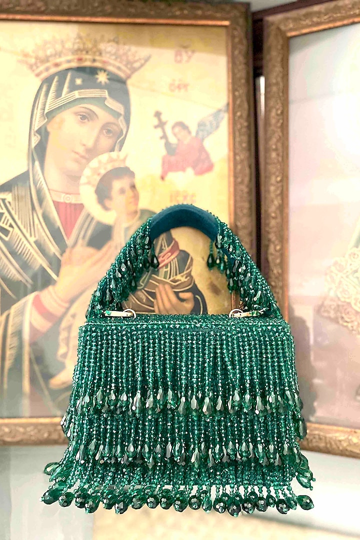 Green Velvet Crystal Work Clutch by Adora by Ankita at Pernia's Pop Up Shop