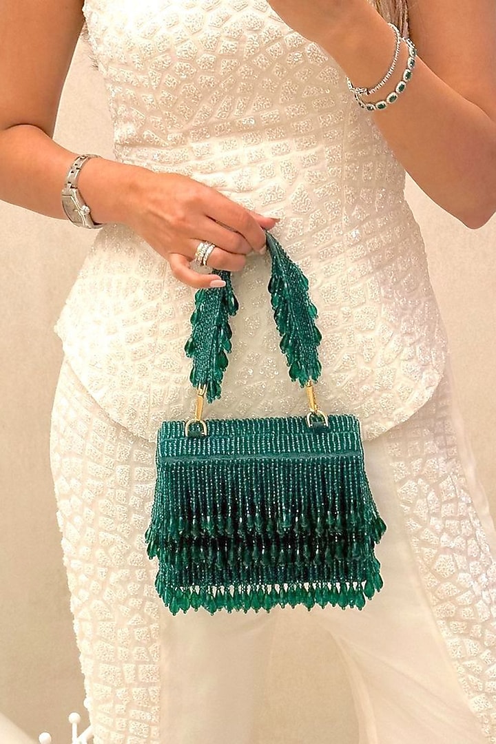 Green Velvet Crystal Work Clutch by Adora by Ankita at Pernia's Pop Up Shop