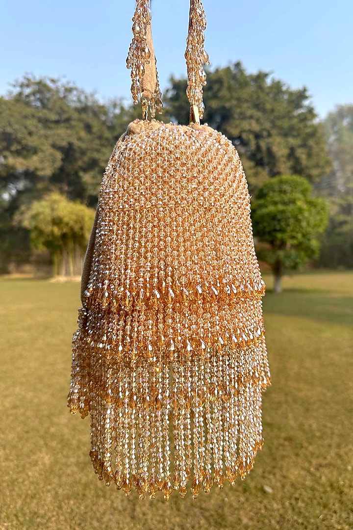 Gold Velvet Crystal Embroidered Bucket Bag by Adora by Ankita at Pernia's Pop Up Shop