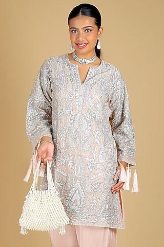 Cream Poly Silk Pearl Embellished Potli Bag by Adora by Ankita