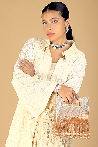 Gold Poly Silk Bead Embroidered Ombre Clutch by Adora by Ankita