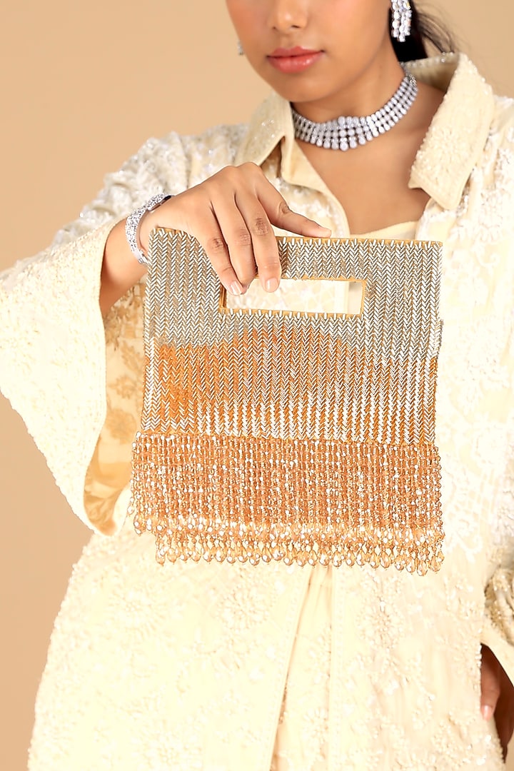 Gold Poly Silk Bead Embroidered Ombre Clutch by Adora by Ankita at Pernia's Pop Up Shop