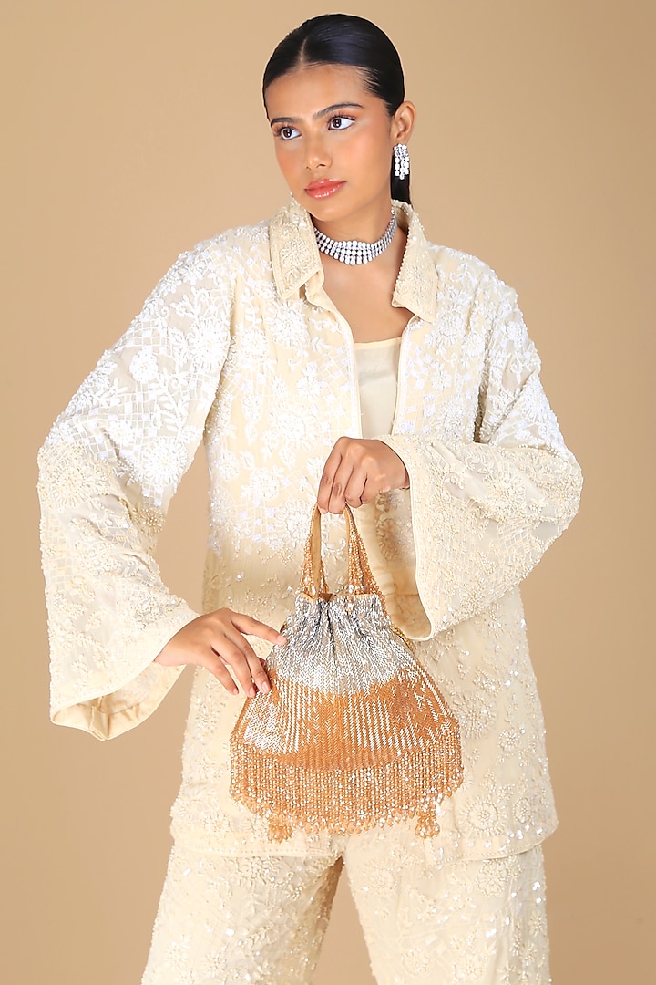 Gold Poly Silk Bead Embroidered Potli Bag by Adora by Ankita at Pernia's Pop Up Shop