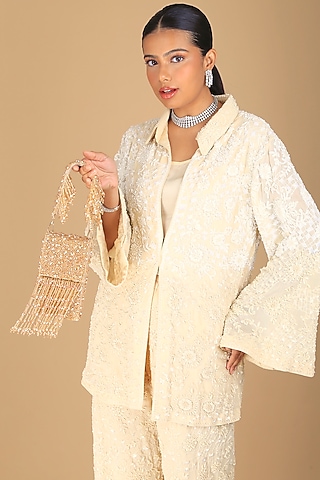Gold Velvet Crystal Embellished Box Shaped Mini Clutch by Adora by Ankita