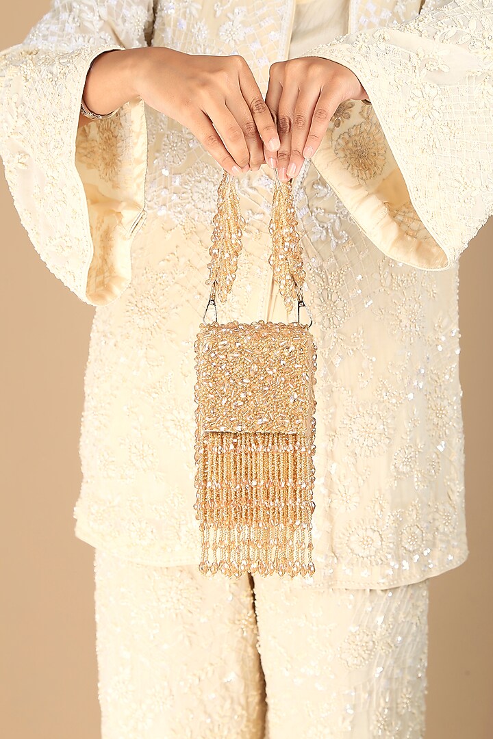 Gold Velvet Crystal Embellished Box Shaped Mini Clutch by Adora by Ankita at Pernia's Pop Up Shop