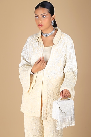Ivory Velvet Pearl Work Clutch by Adora by Ankita