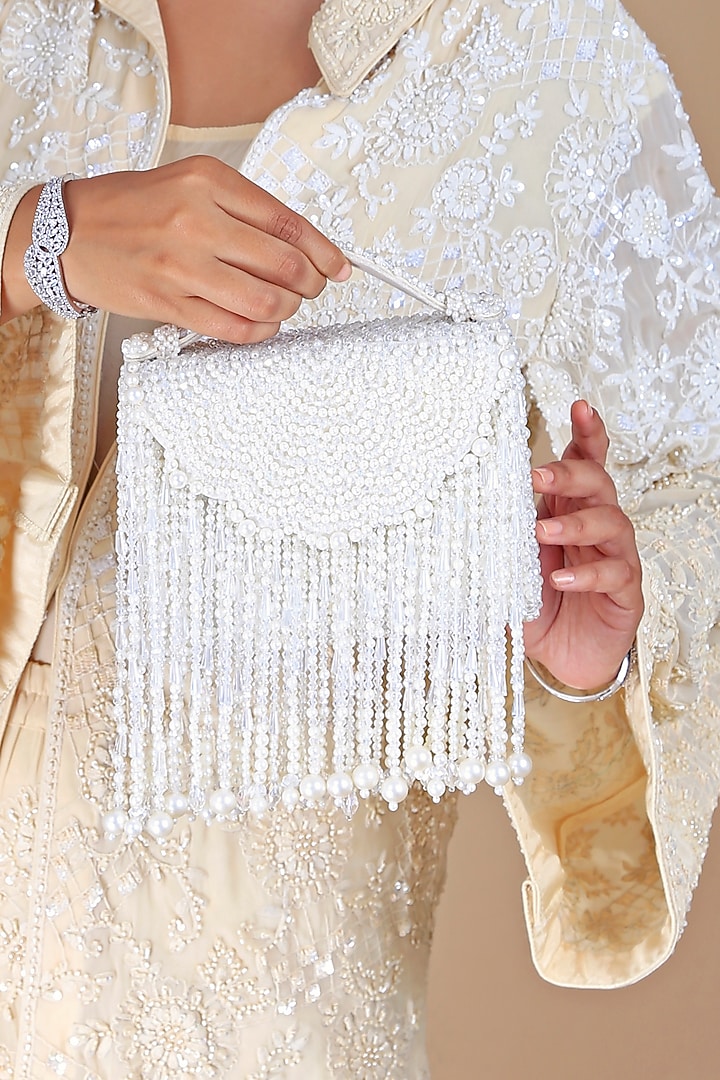 Ivory Velvet Pearl Work Clutch by Adora by Ankita at Pernia's Pop Up Shop