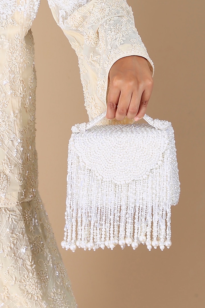 Ivory Velvet Pearl Work Clutch by Adora by Ankita at Pernia's Pop Up Shop