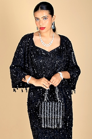 Ivory Velvet Crystal Embellished Clutch by Adora by Ankita