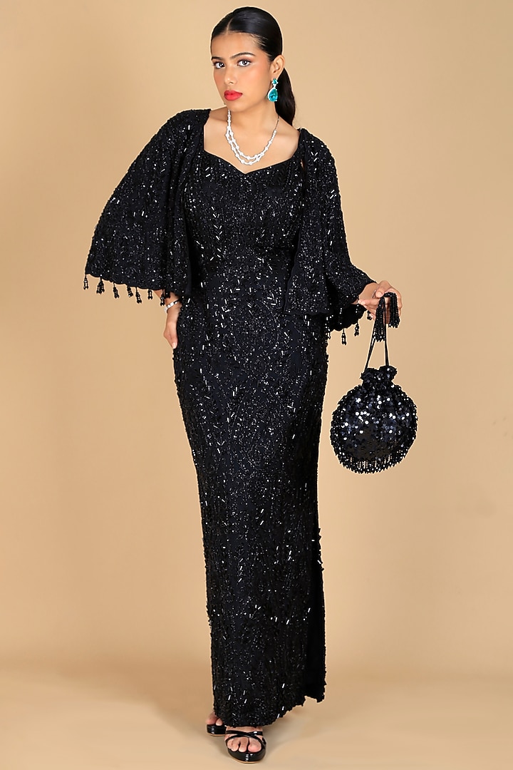 Black Poly Silk Sequins Embroidered Potli Bag by Adora by Ankita at Pernia's Pop Up Shop